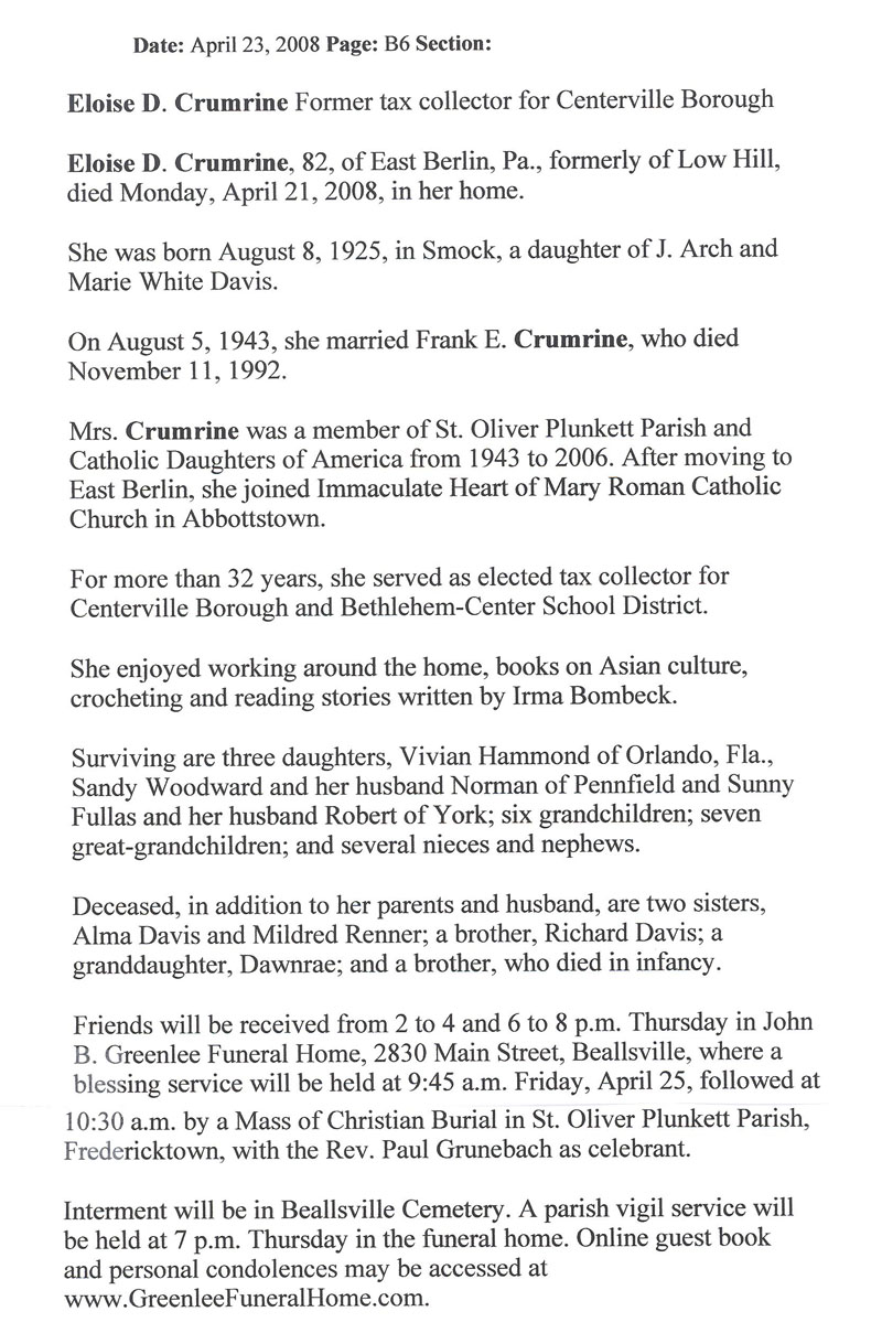 Eloise D. Crumrine obit